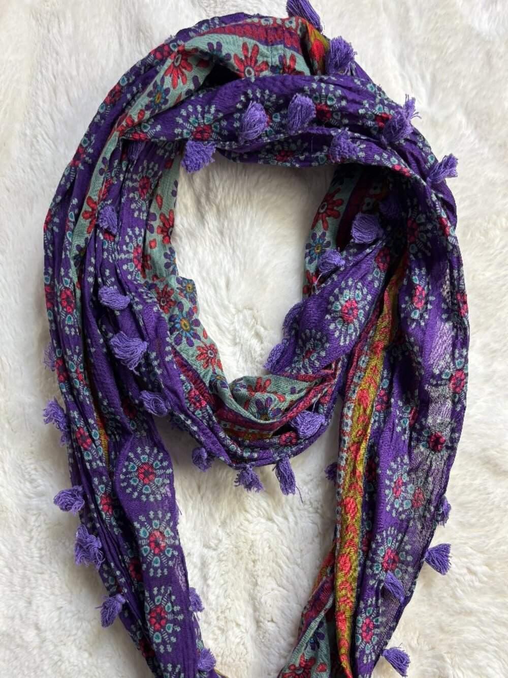 ☀️ Natural Life Purple Floral Mandala Cotton Infinity Tassel Scarf One Size